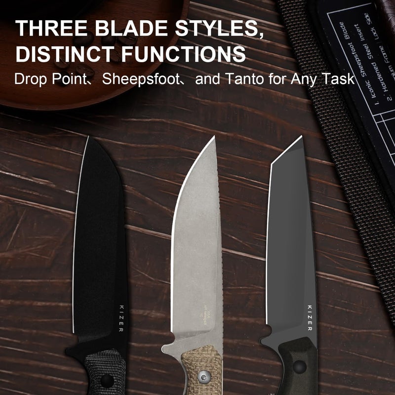 KIZER Begleiter Fix Fixed Blade Knife, 3.78" Drop Point 3V Blade Hunting Knives with Kydex Sheath, Brown Burlap Micarta Handle EDC Knife for Camping Hunting Survival 1045MD1 - Image 2